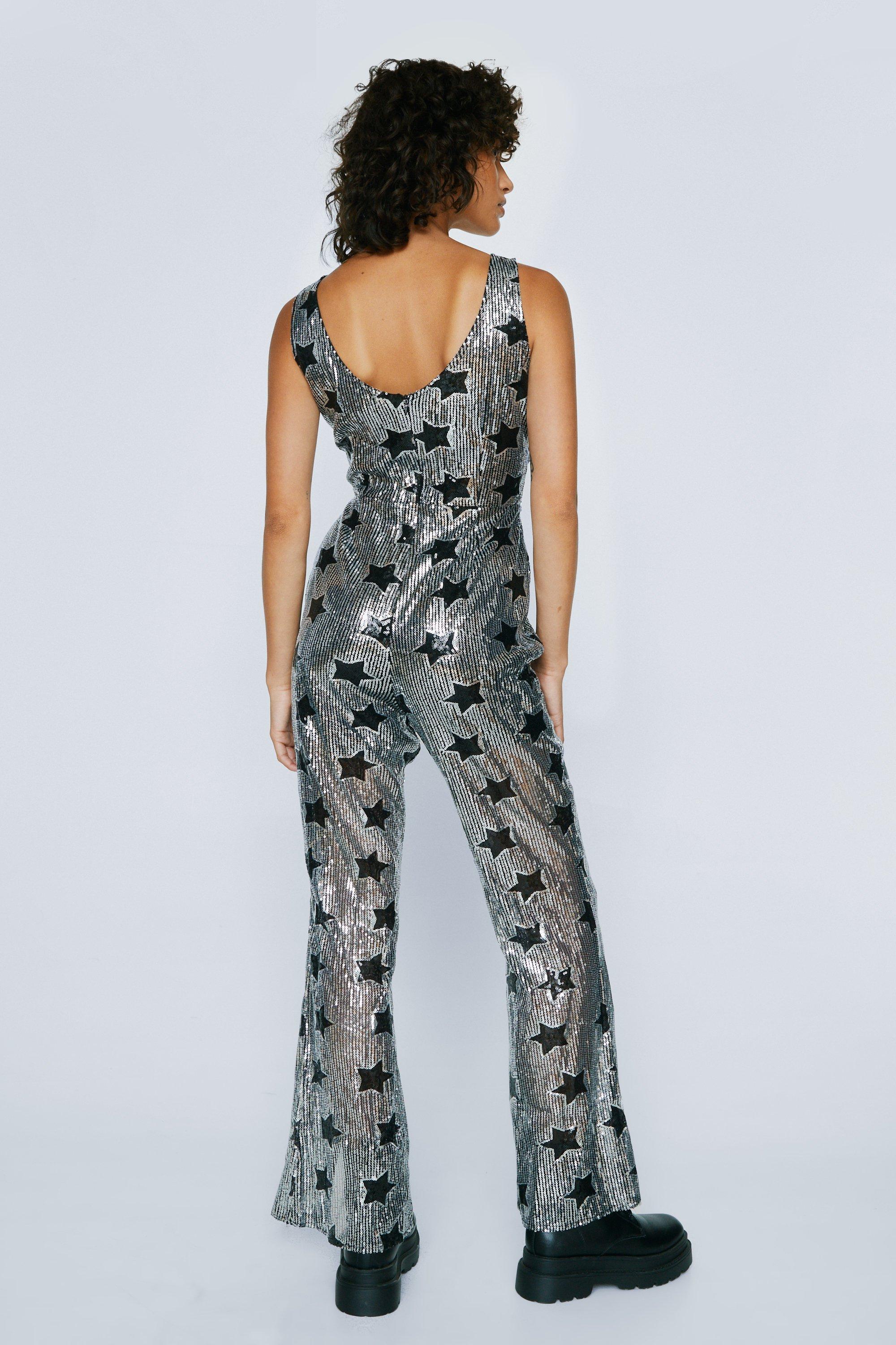 Petite Silver Star Sequin Cut Out Jumpsuit