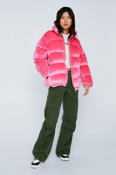 NastyGal hot pink Premium Velvet Zip Through Puffer Coat