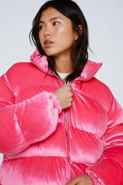 NastyGal hot pink Premium Velvet Zip Through Puffer Coat