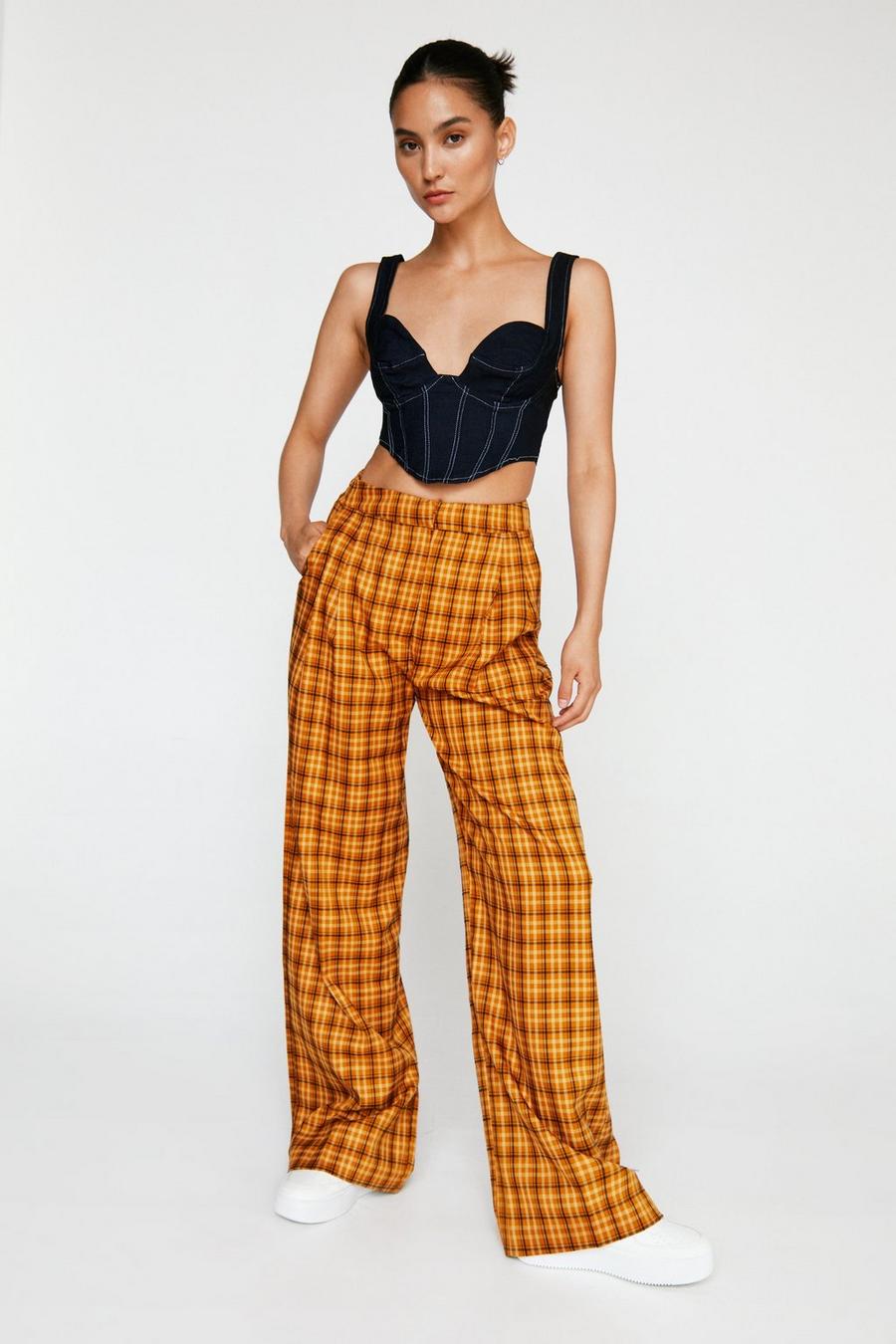 Orange Petite Check Pleat Front Wide Leg Trousers image number 1