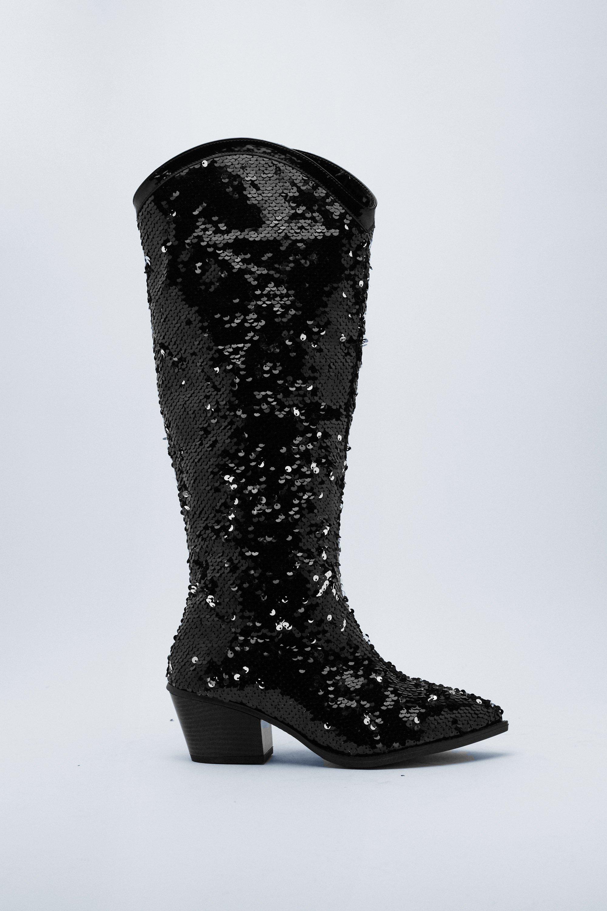 Black sequin best sale knee high boots