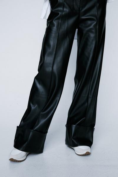 NastyGal black Faux Leather Turn Up Hem Wide Leg Pants