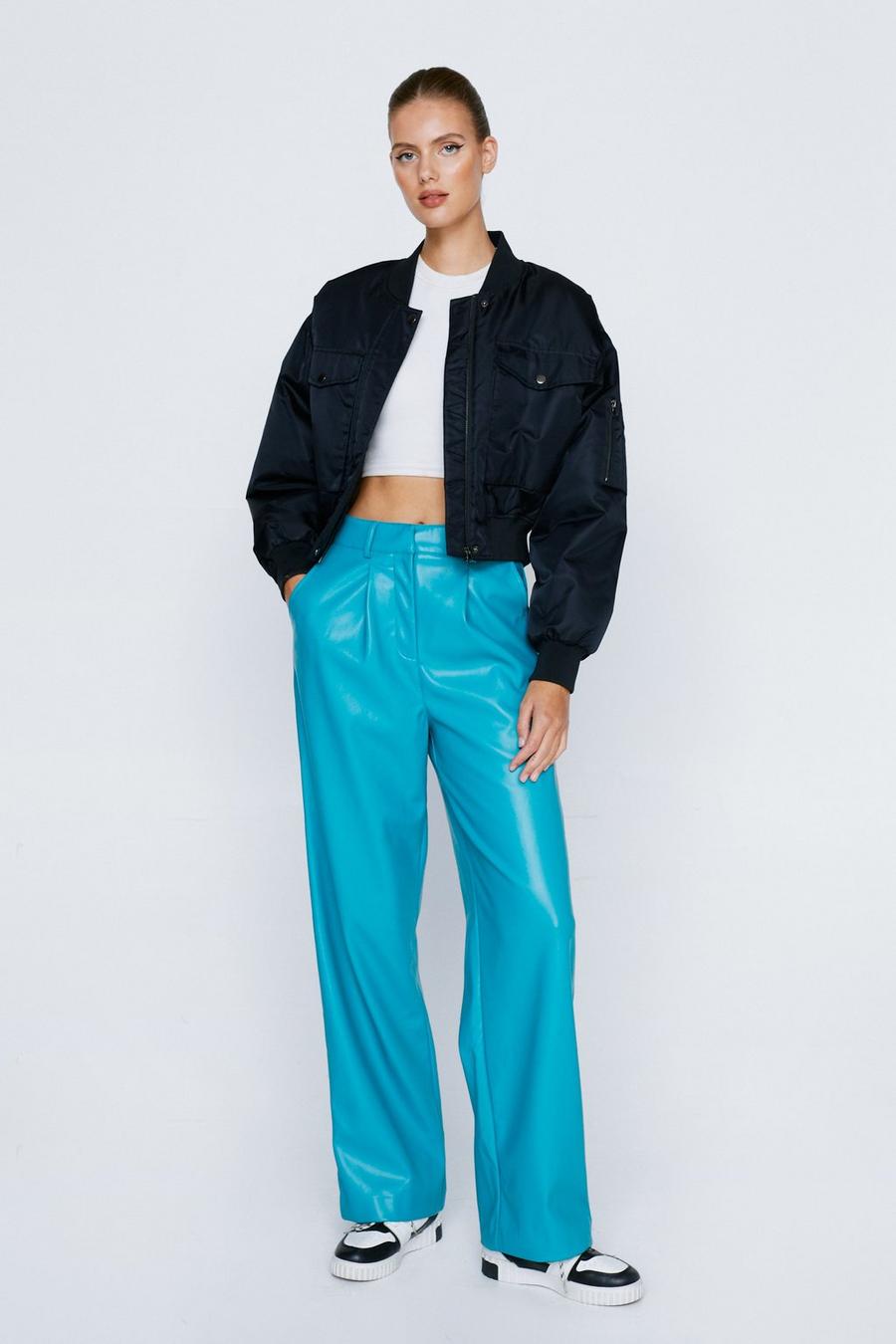 Turquoise Faux Leather Straight Leg Trousers