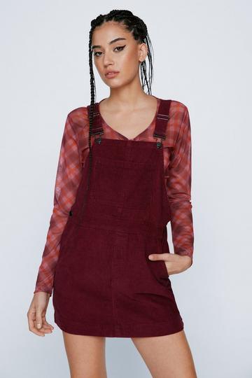 Burgundy Red Cord Pocket Front Overall Mini Dress