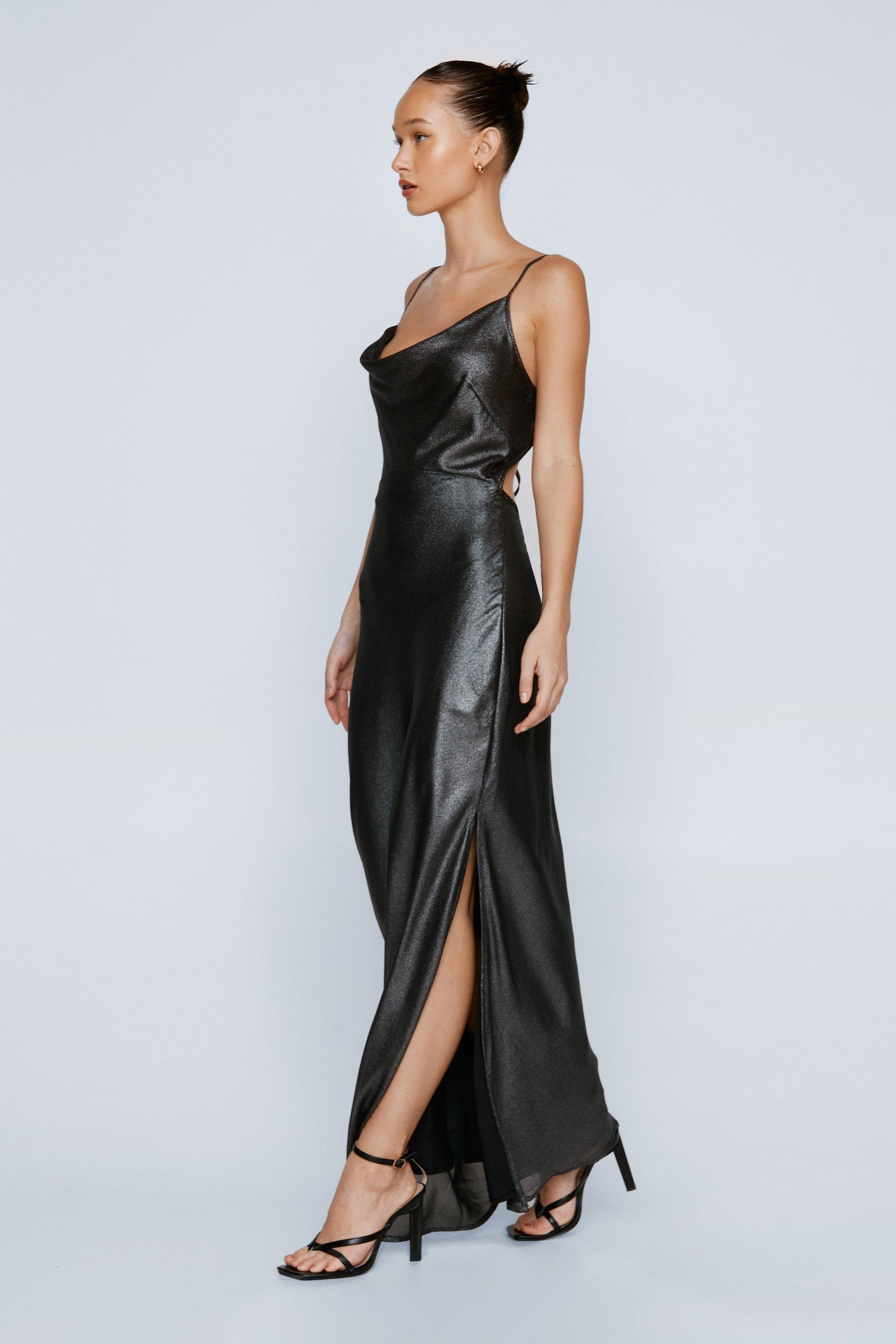 Metallic Foil Texture Cowl Neck Maxi Dress