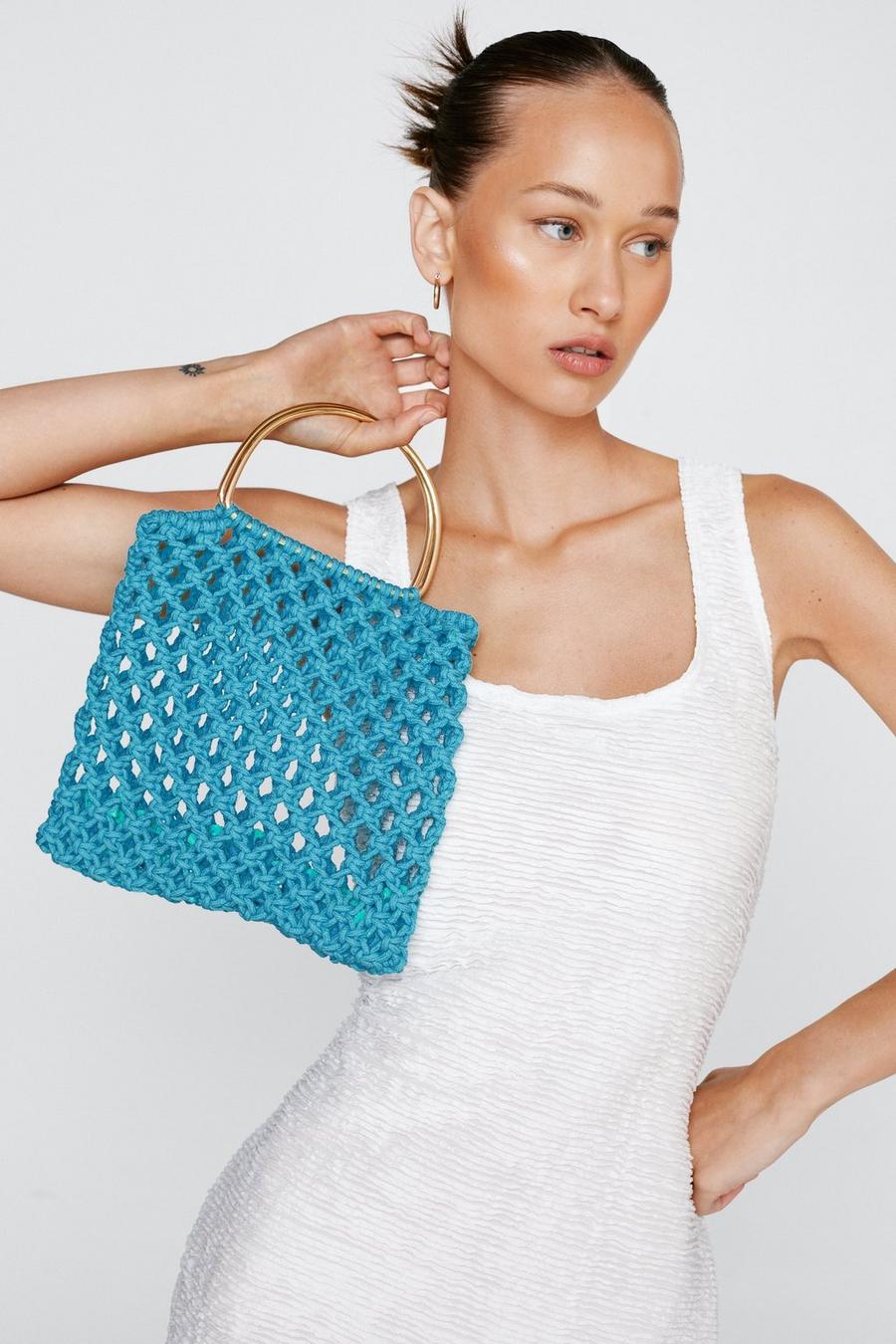 Aqua blue Square Crochet Tote Bag