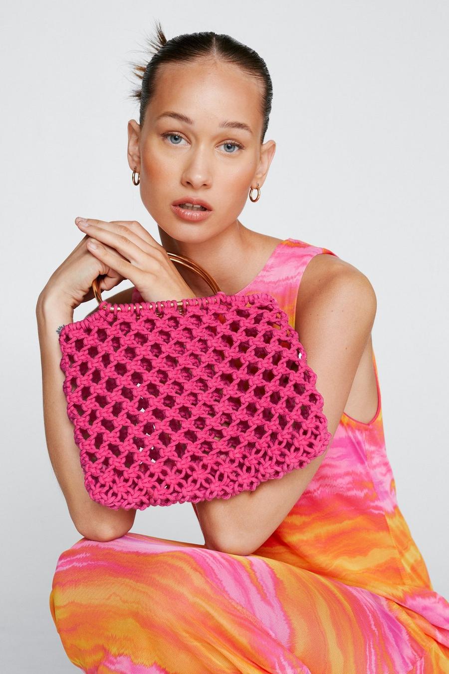 Fuchsia pink Grab Handle Crochet Tote Bag
