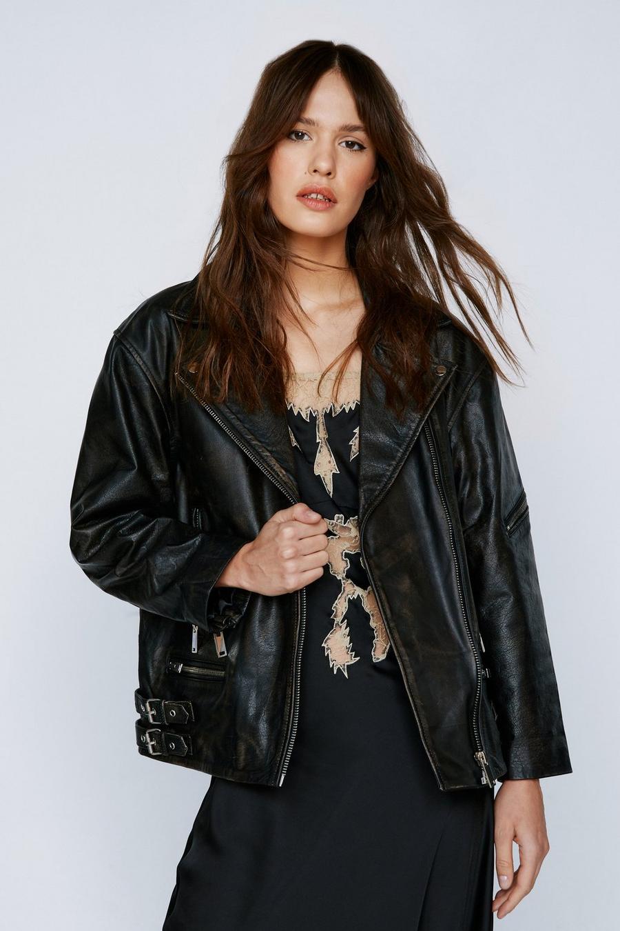 Black Real Leather Oversized Zip Detail Moto hemline jacket image number 1