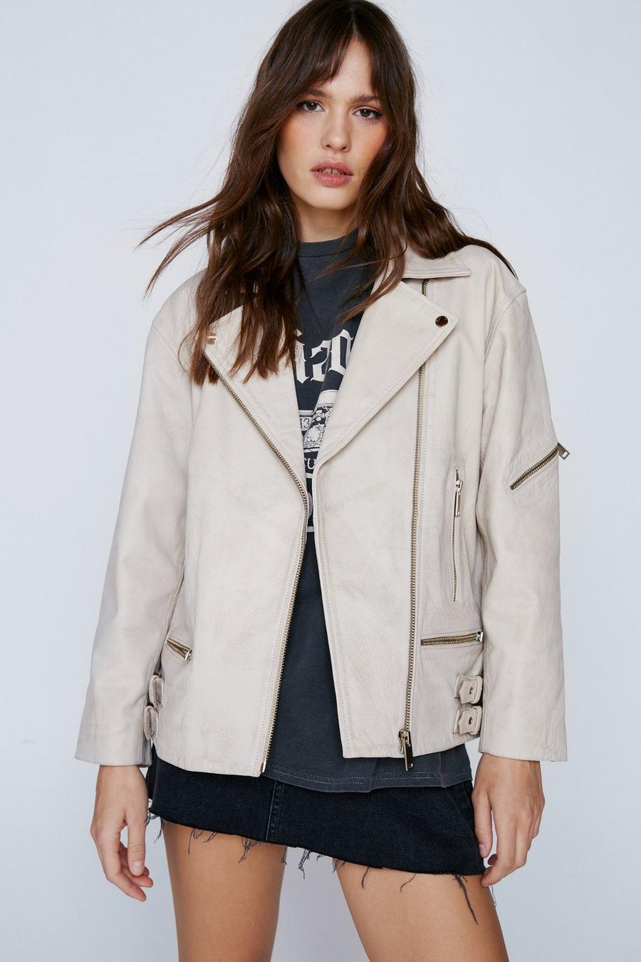 Off white Real Leather Oversized Zip Detail Moto Jacket