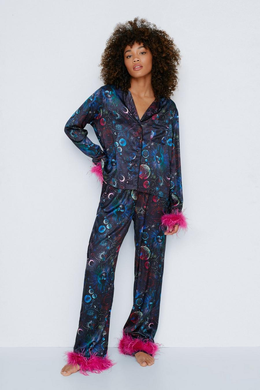 Black Astrology Satin Feather Pyjama Trouser Set