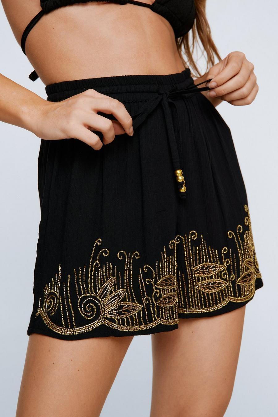 Black Crinkle Beaded Cover Up Shorts