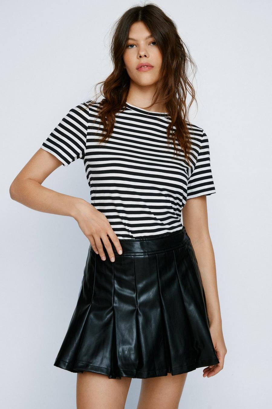 Black Faux Leather Pleated Mini Tennis Skirt