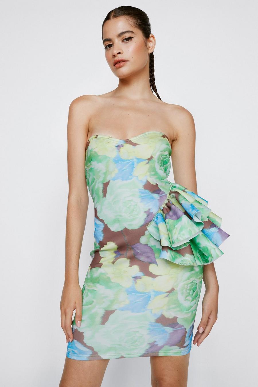 Multi Floral Print Structured Ruffle Mini Dress image number 1