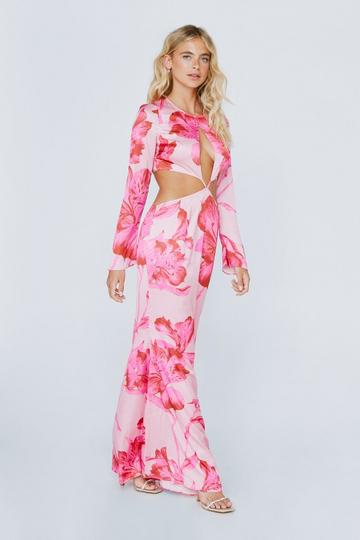 Satin Floral Print Cut Out Maxi Dress pink