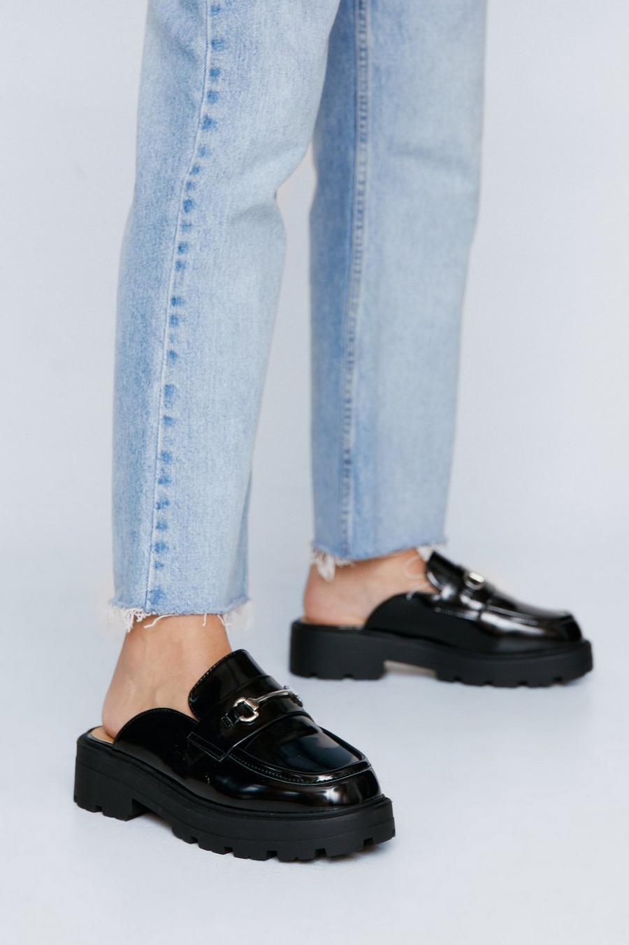 Black Faux Leather Snaffle Detail Backless Loafer