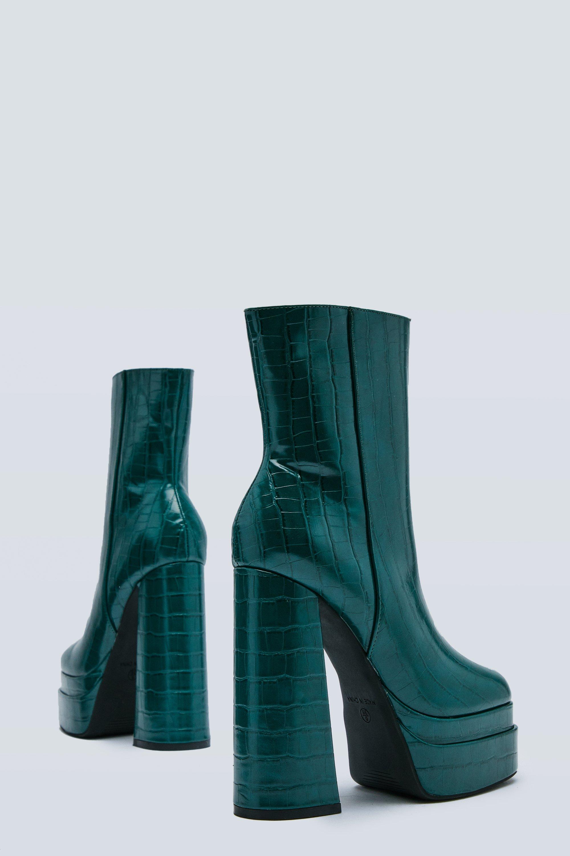 Faux Croc Double Platform Heeled Ankle Boots Boohoo UK