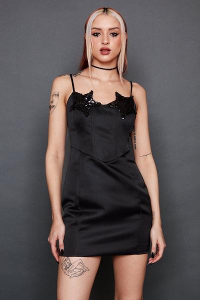 NastyGal black Sequin Star Satin Corset Mini Dress