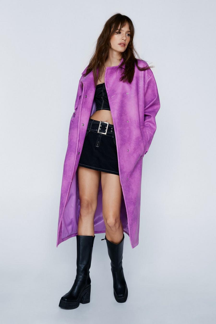 Berry Premium Distressed Faux Leather Trench Coat