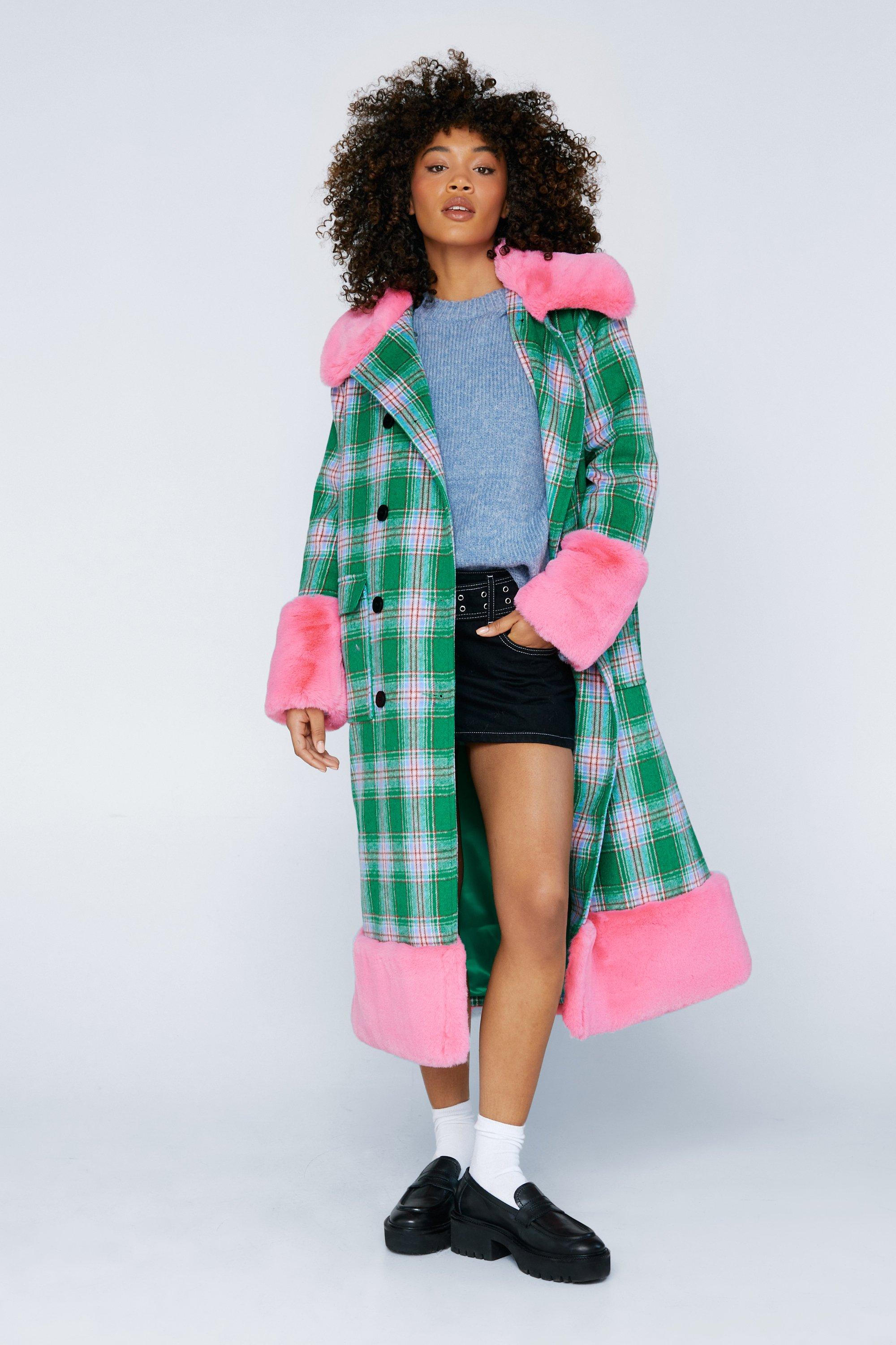 Celebration Plaid Faux Fur Trim Dress