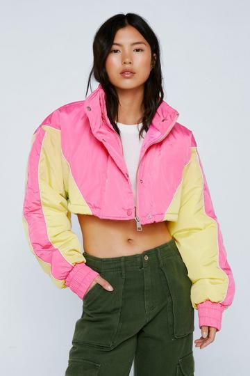 Pink Padded Color Block Cropped Rain Coat