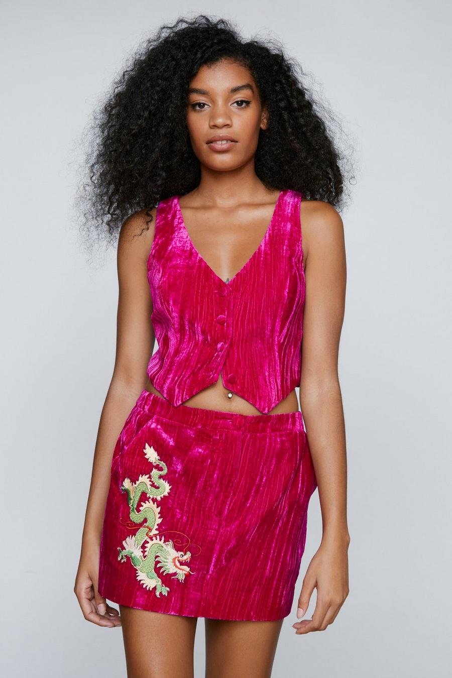 Hot pink Premium Embroidered Velvet Tailored Tank Top