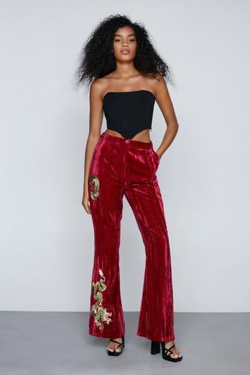 Premium Embroidered Velvet Flare Pants wine