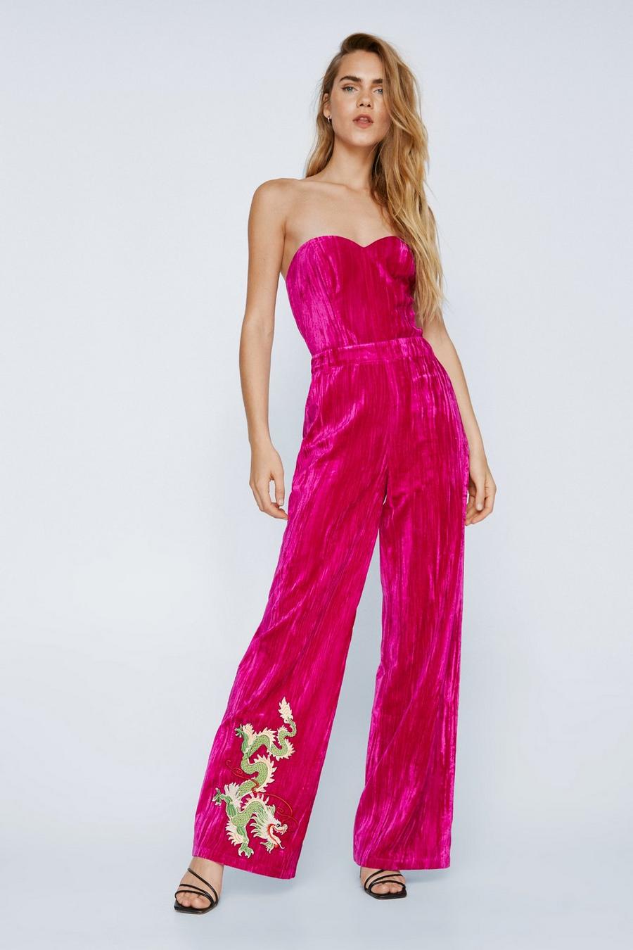 Hot pink Premium Embroidered Velvet Bandeau Jumpsuit