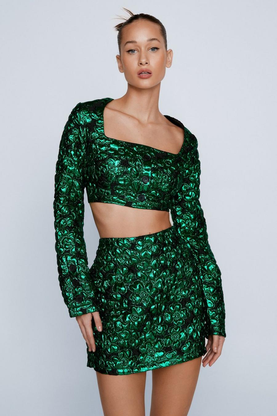 Green Floral Jacquard Tailored Cropped Jacket