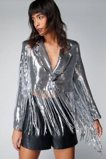 Silver Sequin Tassel Trim Cropped Blazer