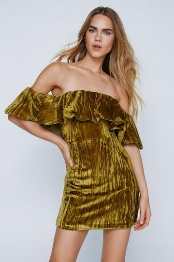 Structured Velvet Frill Bardot Mini Dress ochre