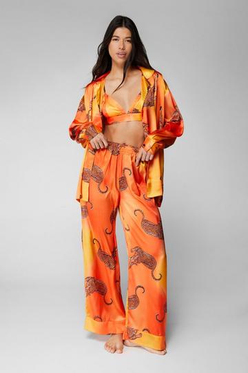 Satin Leopard 3pc Shirt Bralette & Pants Pajama Set orange