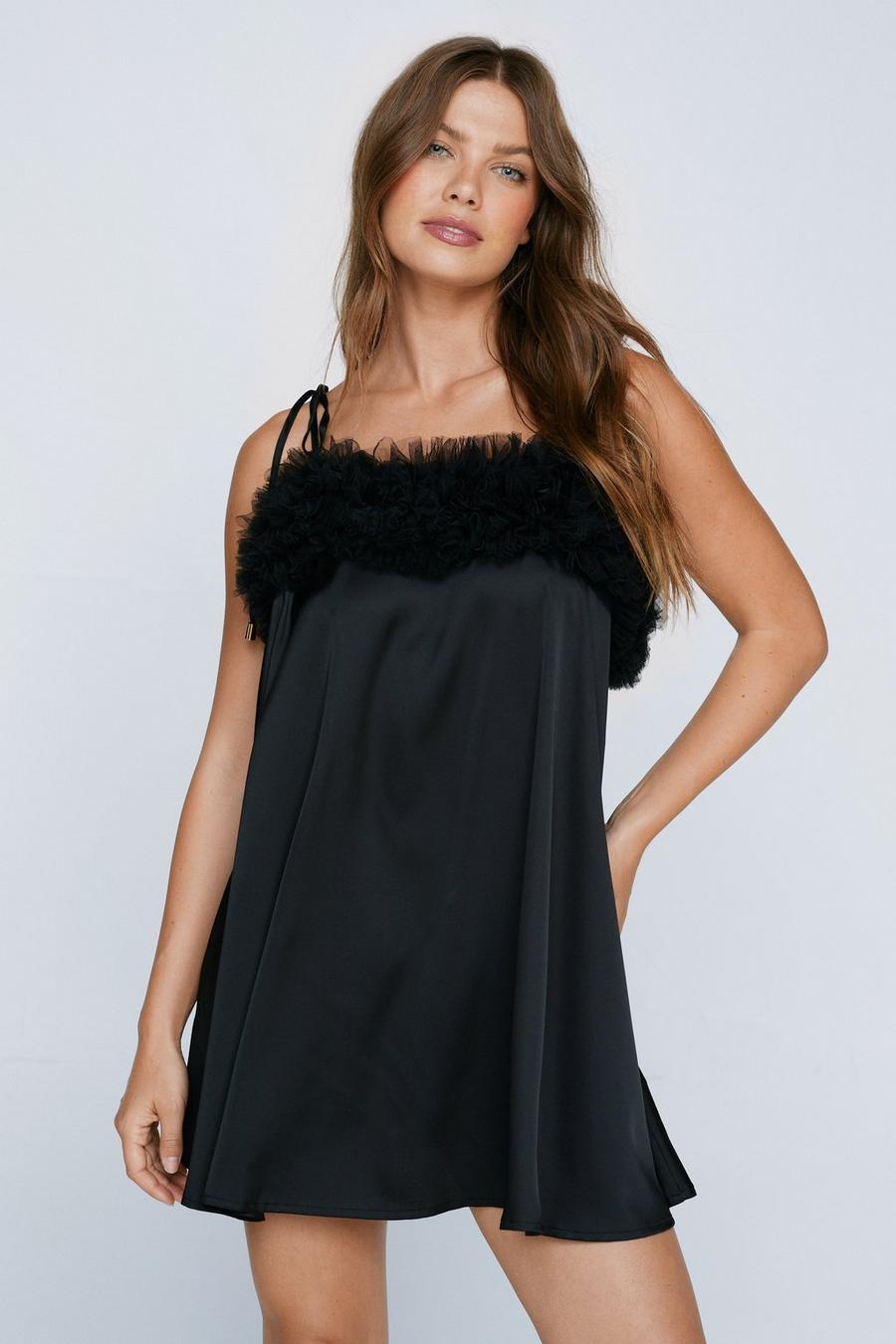 Black Tulle Trim Satin Nighty Slip Dress image number 1
