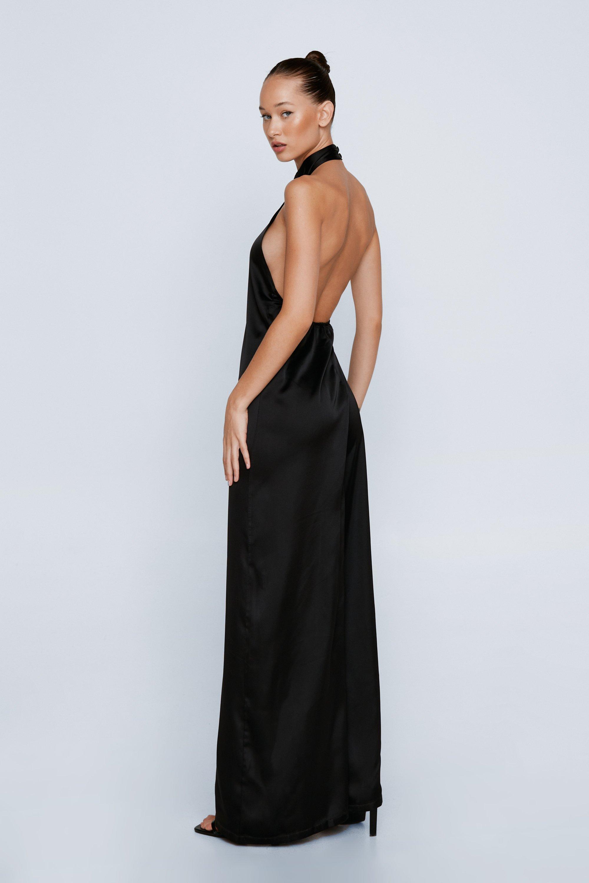 ASYOU Satin Halter Cut Out Jumpsuit In Black for Women