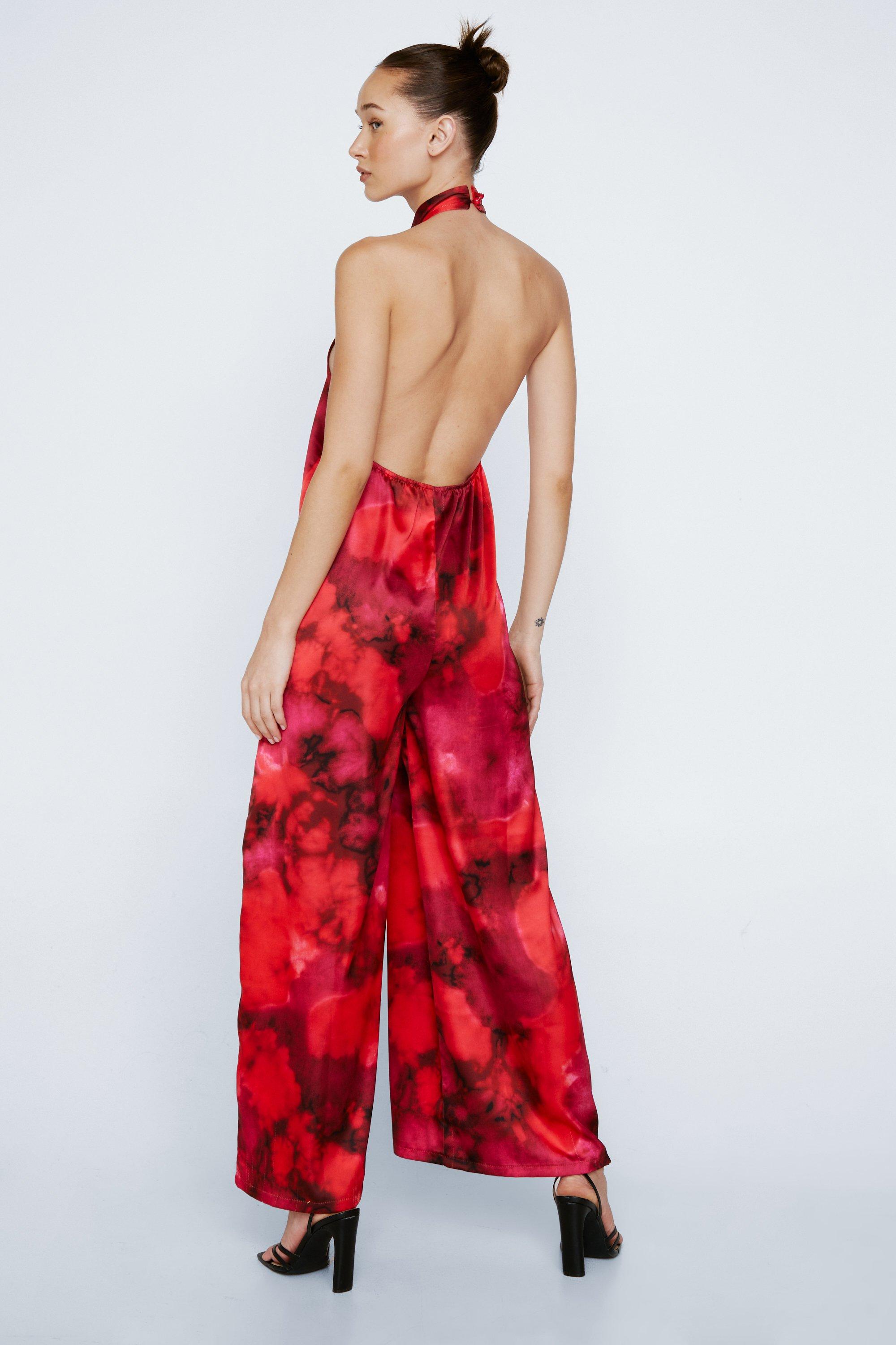 Petite Satin Tie Dye Wide Leg Jumpsuit boohoo UK