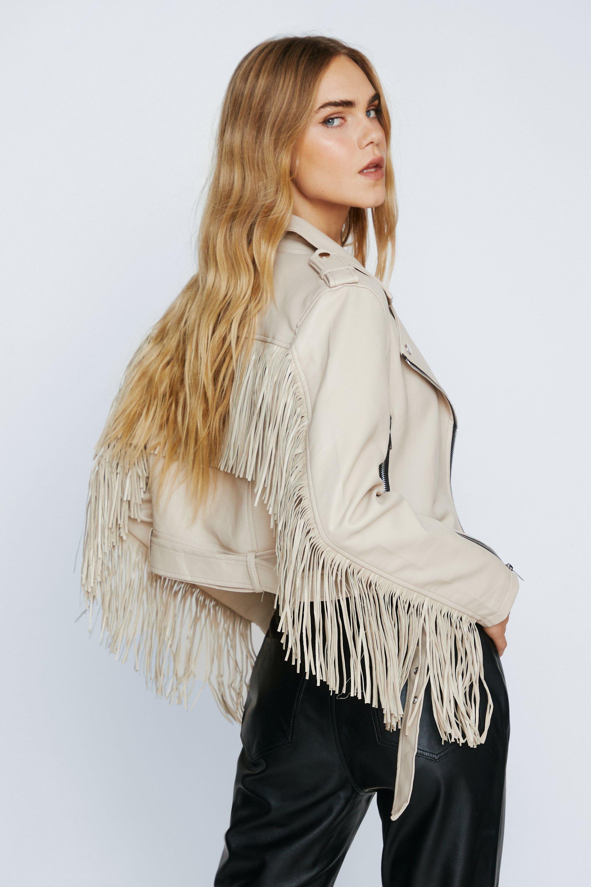 Women s Faux Leather Crop Fringe Biker Jacket Boohoo UK