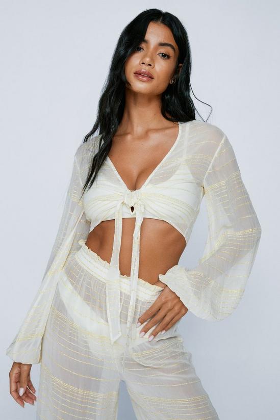 NastyGal Viscose Georgette Glitter Stripe Tie Front Cover Up Top 1