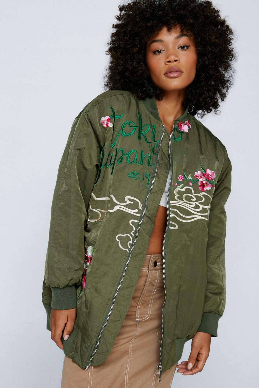 Khaki Embroidered Nylon Zip Through Bomber Jacket