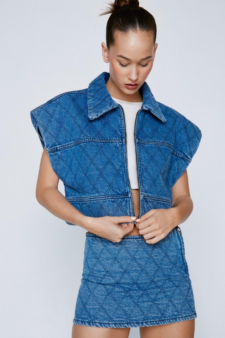 Mid blue Quilted Oversized Zip Through Denim Puffer Jacket image number 1