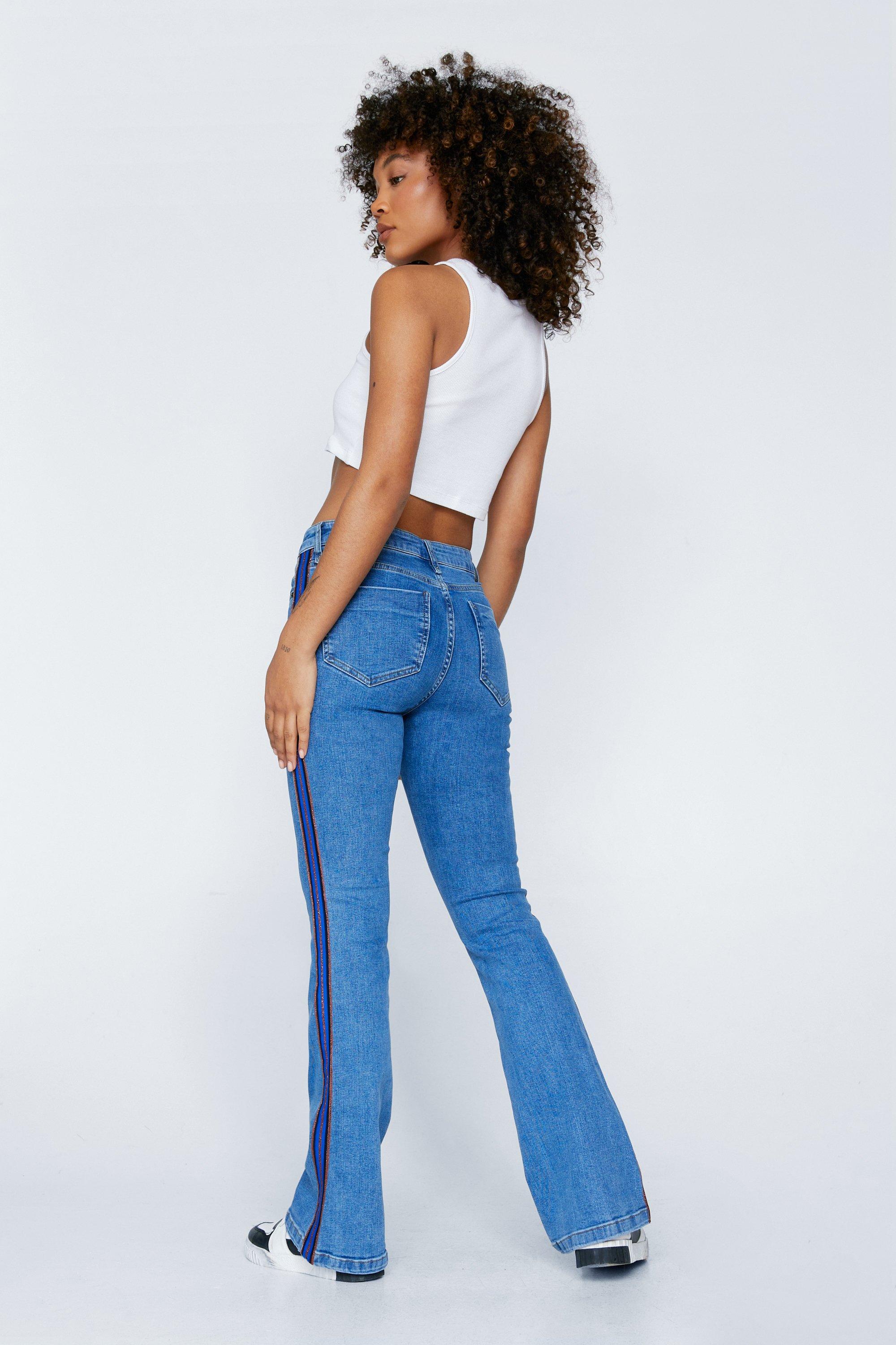 Women's Metallic Stripe Side Seam Detail Denim Flare Pants