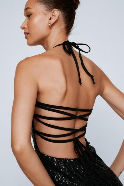 NastyGal black Sequin Lace Up Back Midi Dress