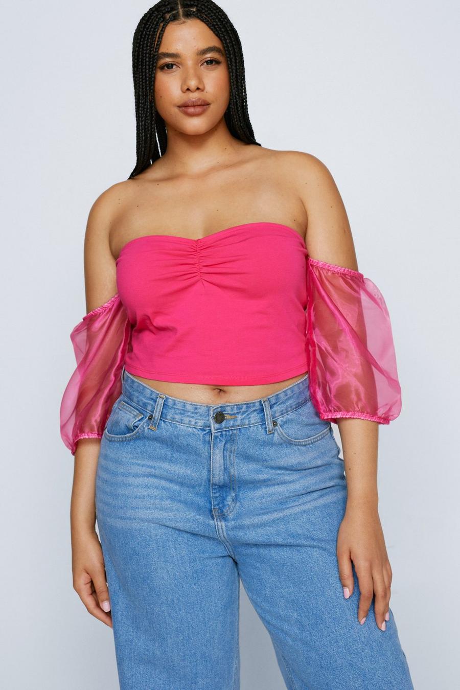 Pink Plus Size Contrast Organza Sleeve Top