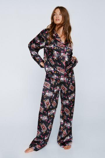 Satin Queen Of Hearts Oversized PJ Pants Set black