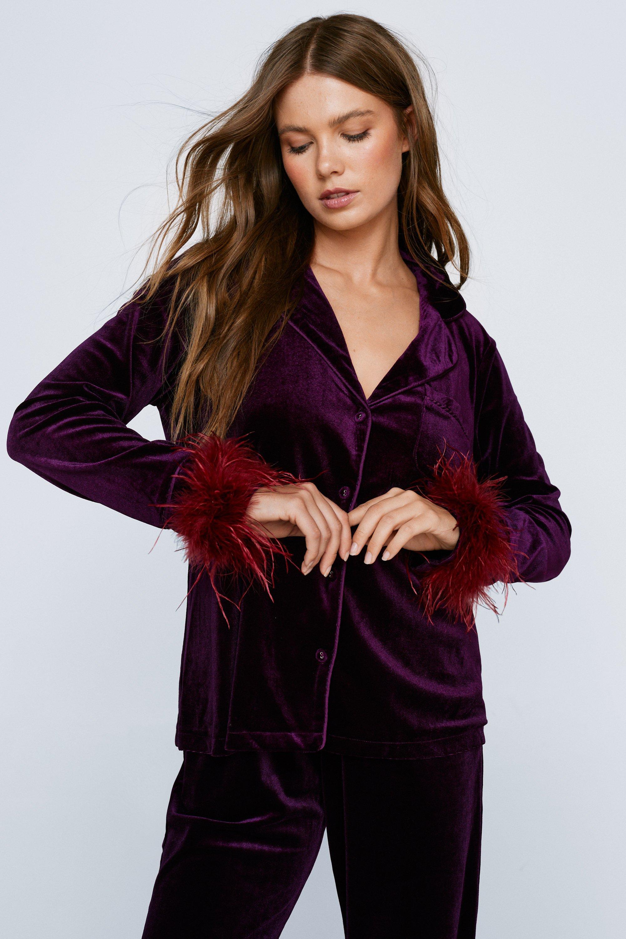 Contrast Feather Trim Velvet Pyjama Trousers Set