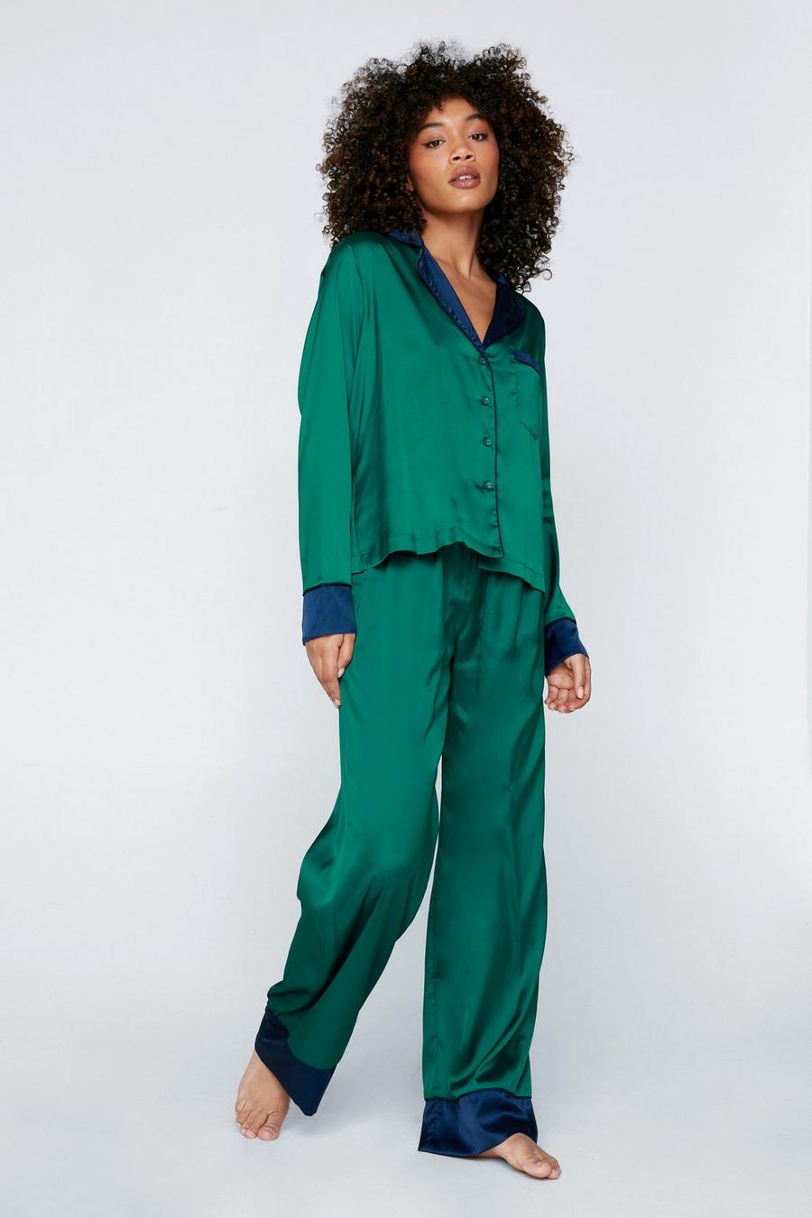 Emerald green Contrast Detail Pyjama Shirt And Trousers Set image number 1