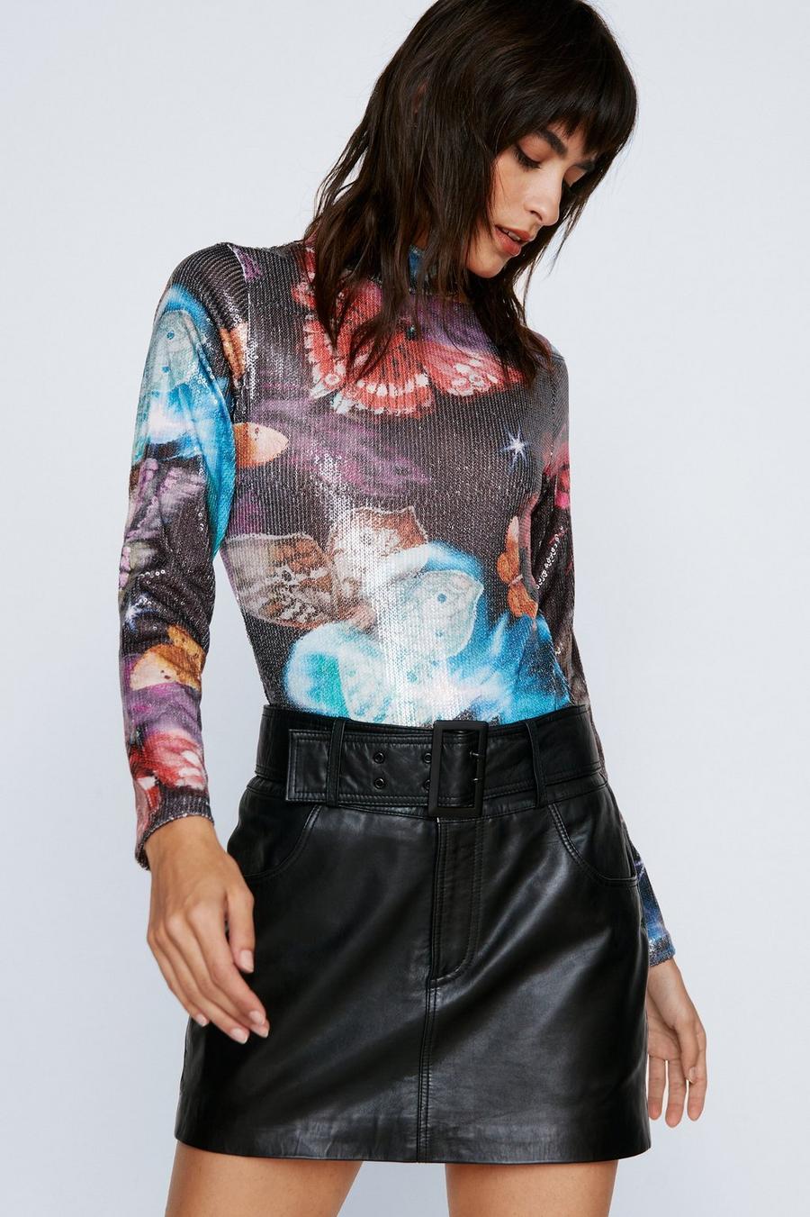 Multi Butterfly Printed Sequin Funnel Neck Bodysuit