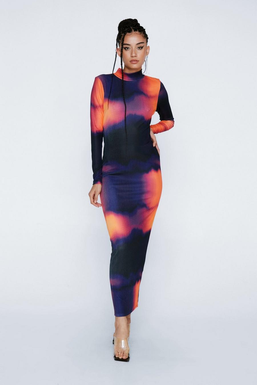 Navy Abstract Print Roll Neck Maxi Dress image number 1