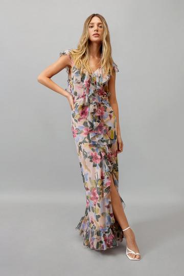 Floral Ruffle Front Maxi Dress pink