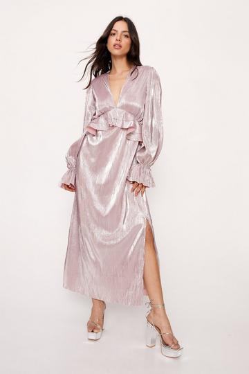 Metallic Pleated Ruffle Midi Dress silver