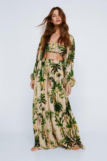 Nude Crinkle Palm Tree Bandeau And Maxi Kimono 3pc Pants Set