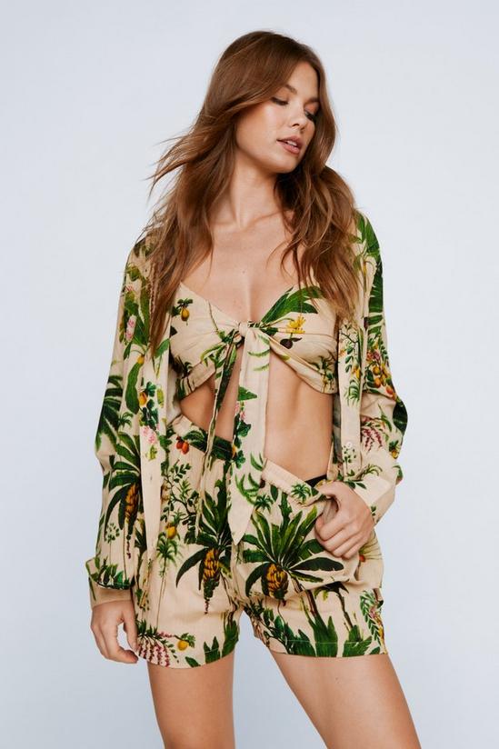 NastyGal Crinkle Viscose Palm Tree Tie Bralette And Shirt 3pc Shorts Set 2